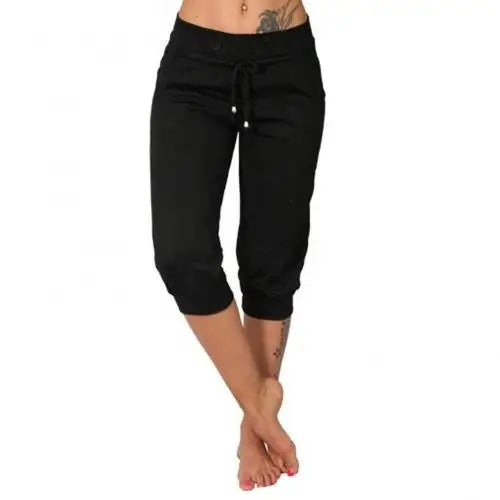 4XL Women Pants Summer Ladies 3/4 Trousers Casual Solid Color Low Rise Drawstring Pockets Sports Pants Shorts For Female