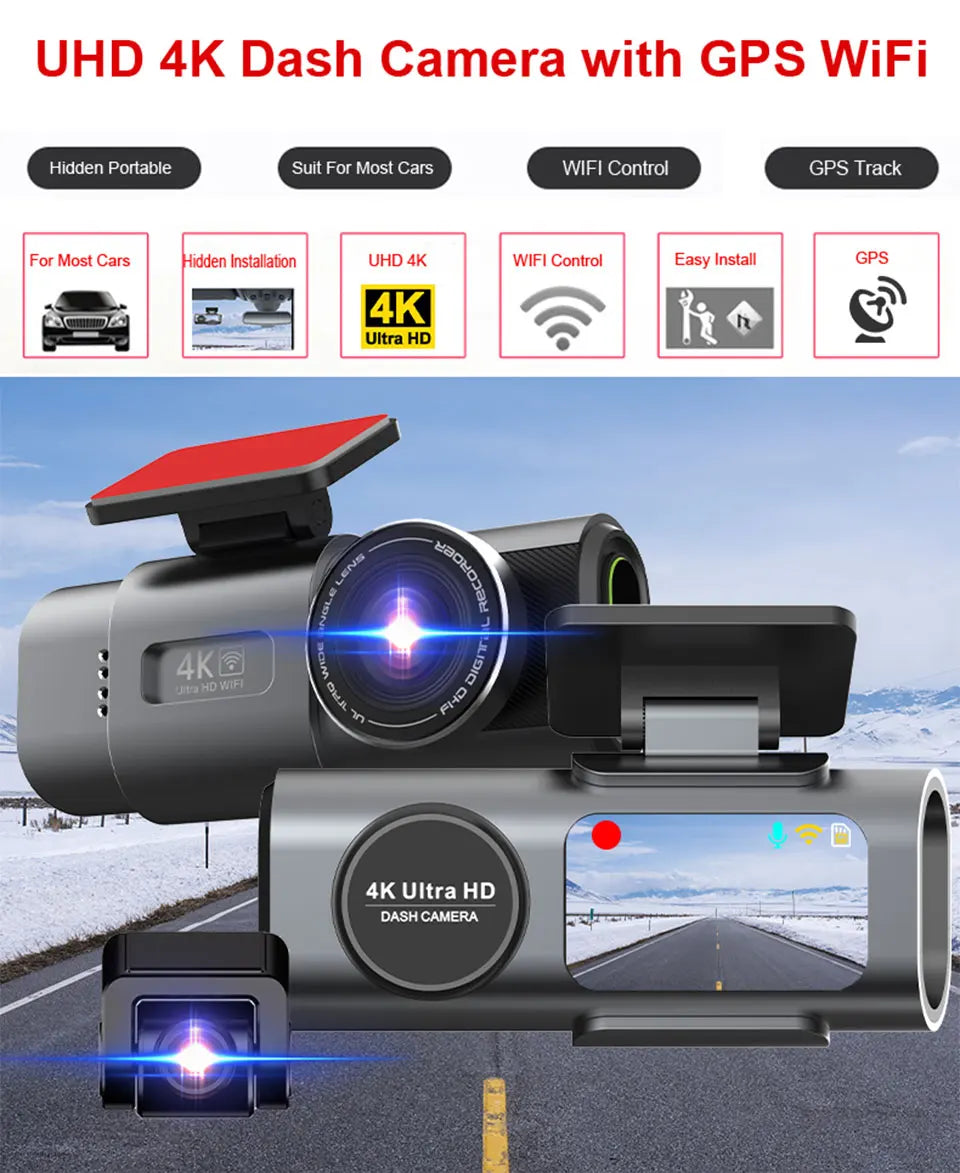 Dash Cam 4K UHD Recording Car Camera DVR Night Vision Video Recorder Built-InQ Wi-Fi Support GPS 24H Parking