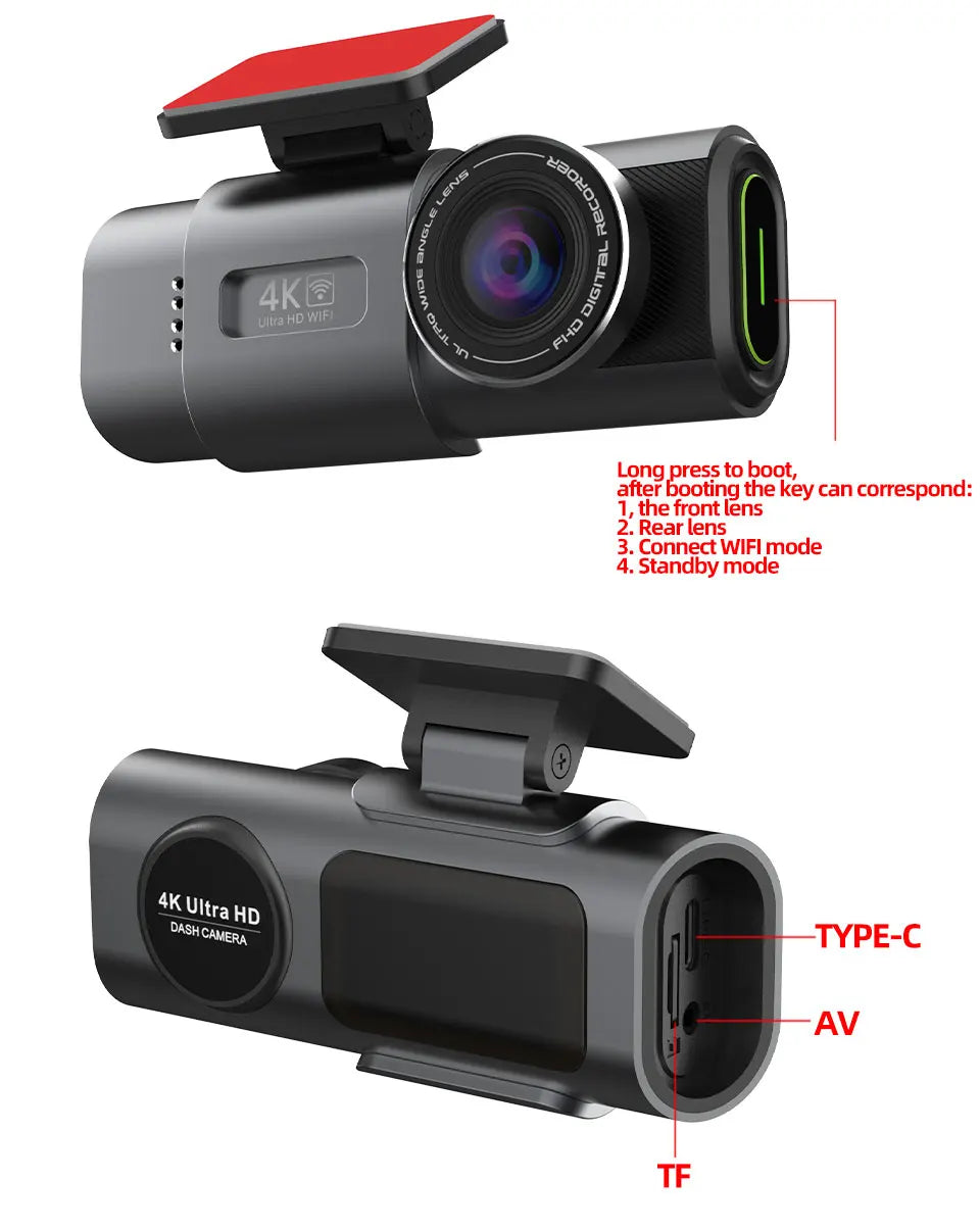 Dash Cam 4K UHD Recording Car Camera DVR Night Vision Video Recorder Built-InQ Wi-Fi Support GPS 24H Parking