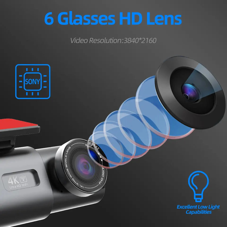 Dash Cam 4K UHD Recording Car Camera DVR Night Vision Video Recorder Built-InQ Wi-Fi Support GPS 24H Parking