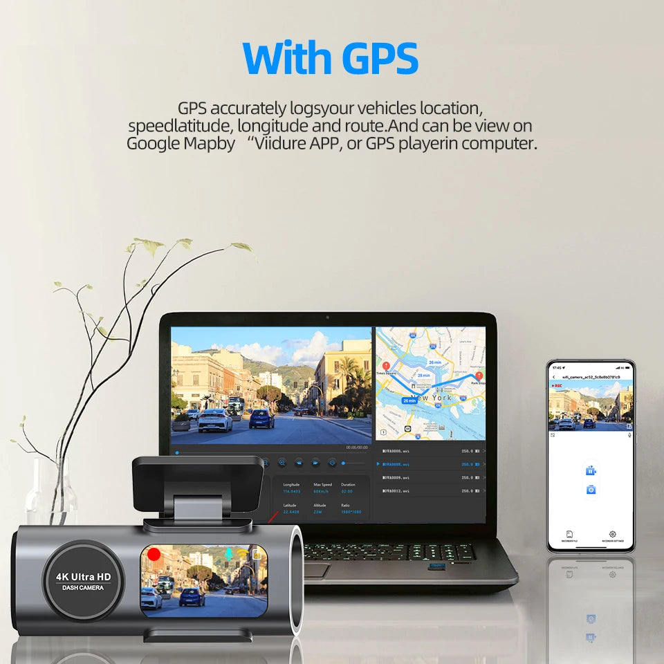 Dash Cam 4K UHD Recording Car Camera DVR Night Vision Video Recorder Built-InQ Wi-Fi Support GPS 24H Parking