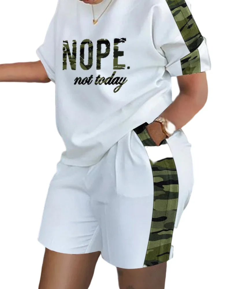 Women Casual Short Sleeve Outfit 2024 Summer Fashion Letter Printed O Neck Pocket Suit Female T Shirt Top Shorts Two Pieces Set
