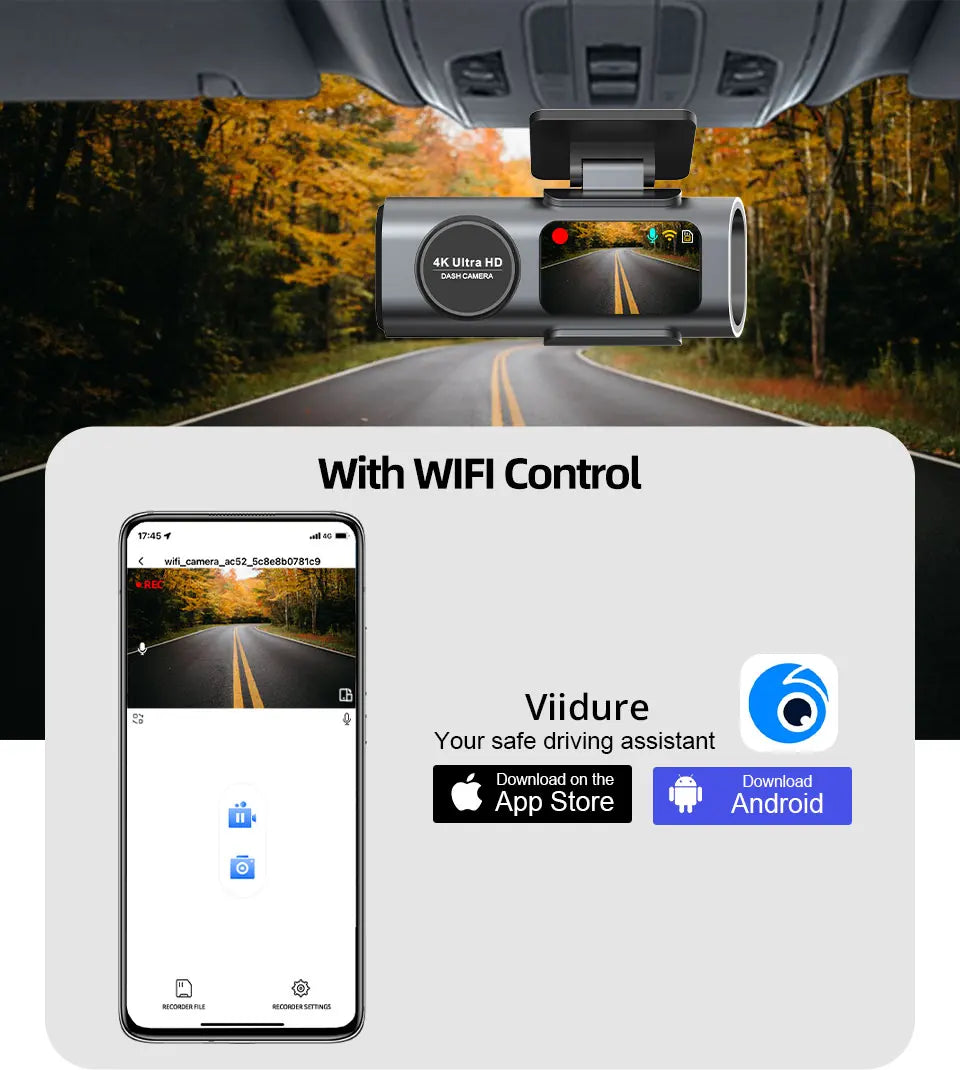 Dash Cam 4K UHD Recording Car Camera DVR Night Vision Video Recorder Built-InQ Wi-Fi Support GPS 24H Parking
